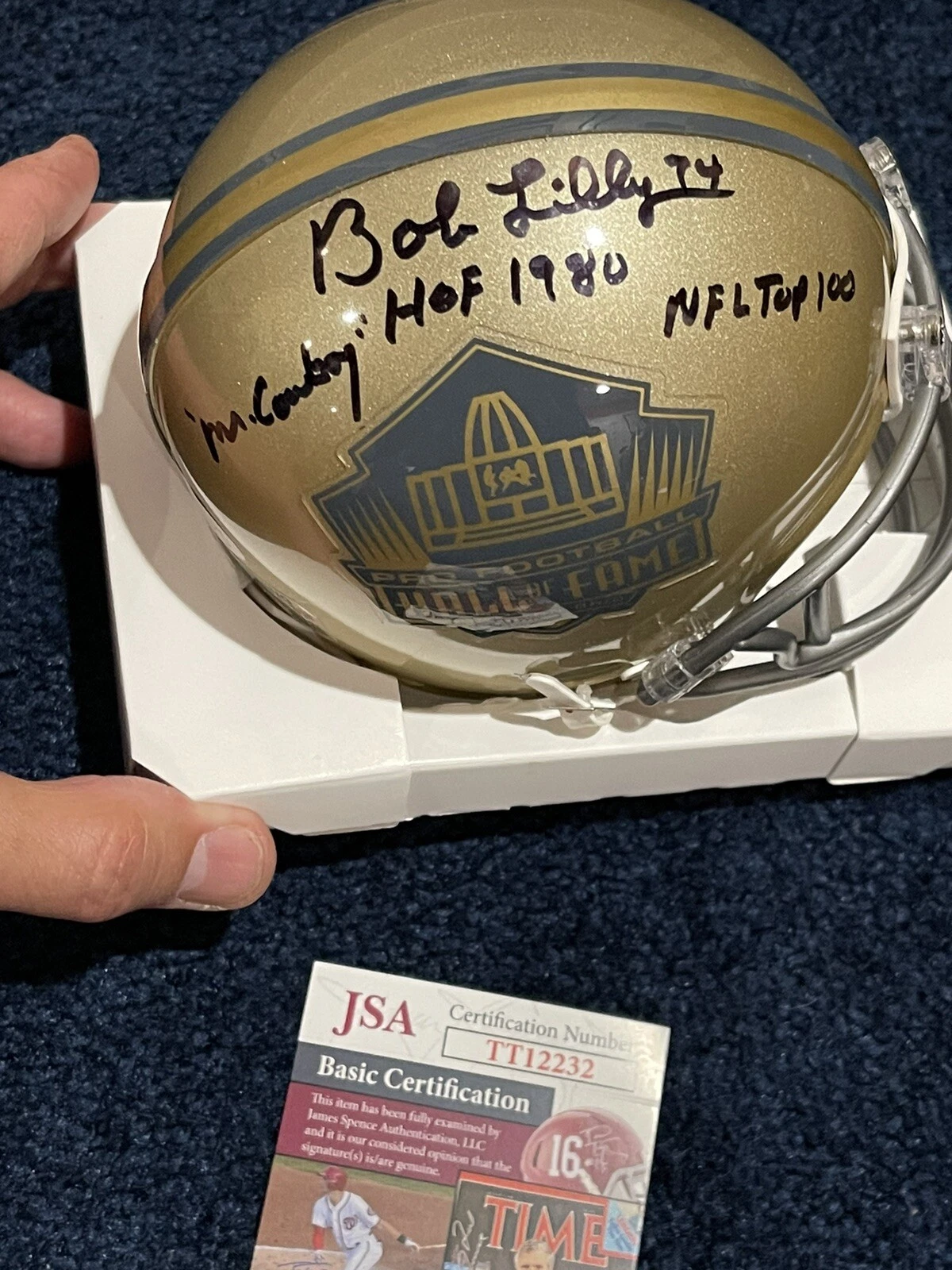 Bob Lilly SIGNED Hall of Fame MINI Stat HELMET JSA Dallas Cowboys