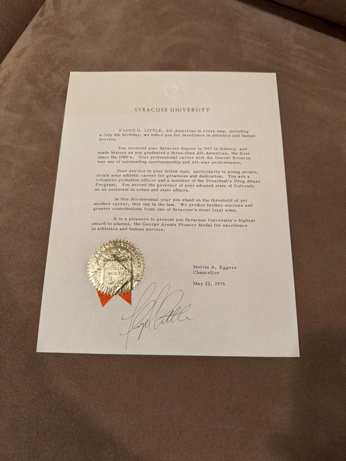 AWESOME FLOYD LITTLE SIGNED SYRACUSE U Arents Award for Excellence - Two Items!