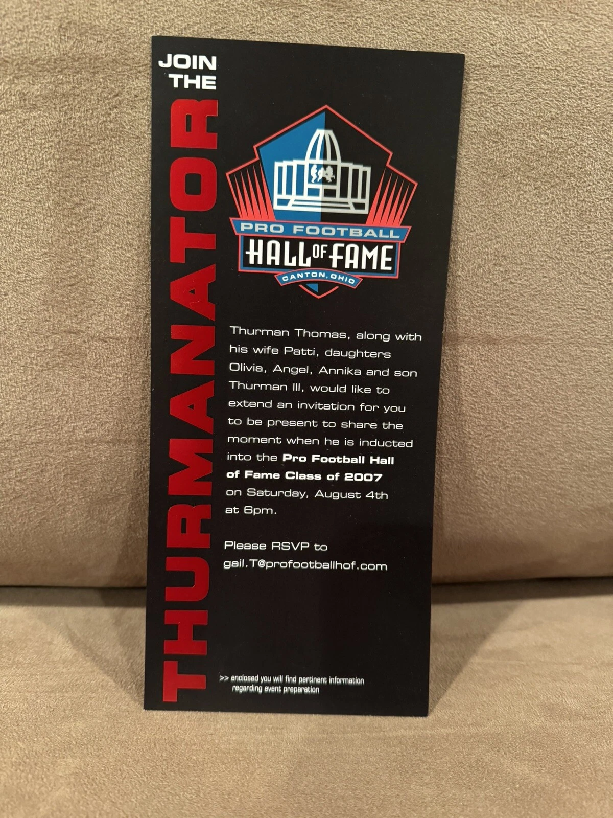 Thurman Thomas Invitation To Pro Football Hall of Fame Enshrinement Party 2007