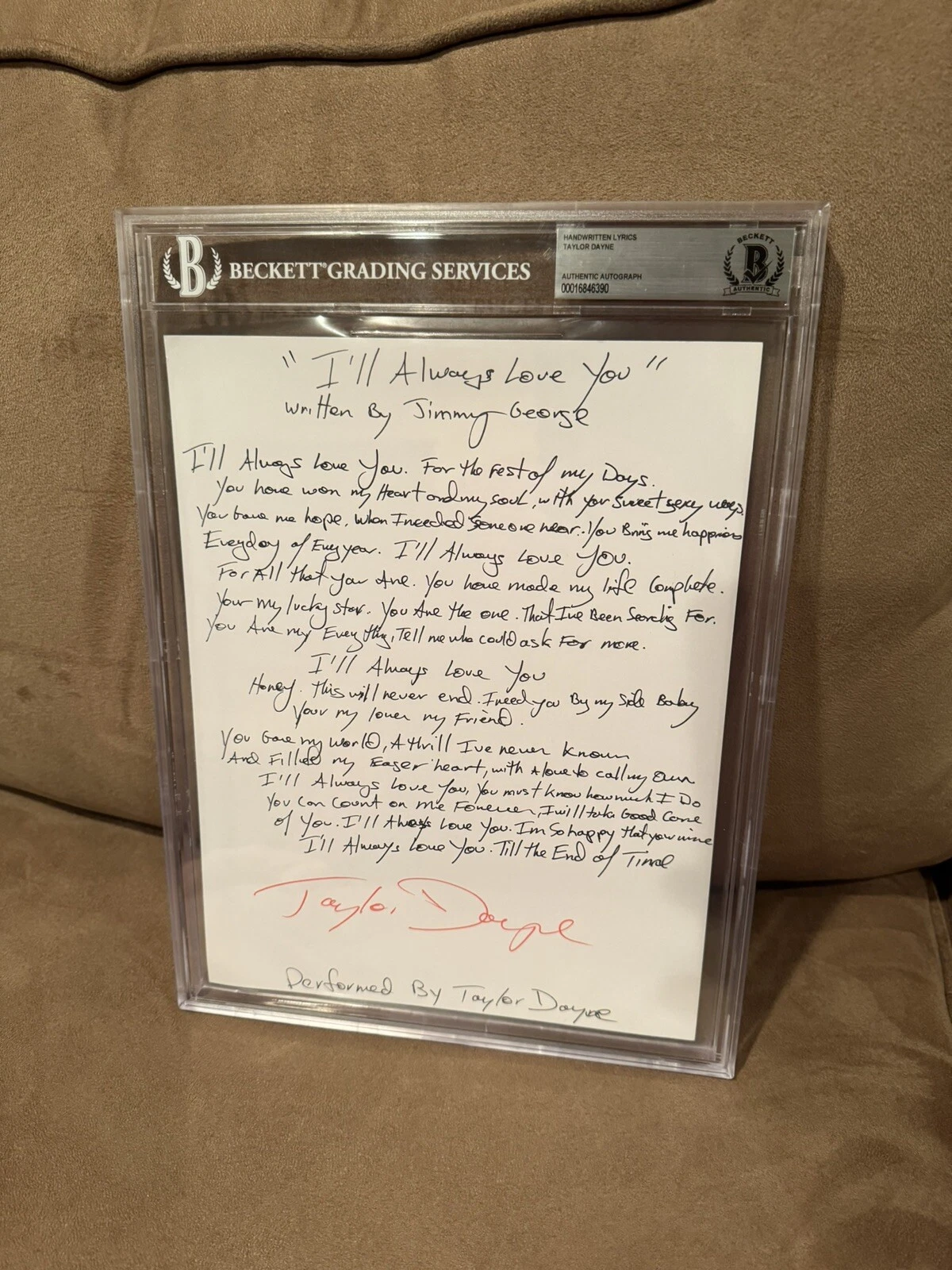 Rare Taylor Dayne Handwritten Lyrics To I’ll Always Love You Beckett Slabbed