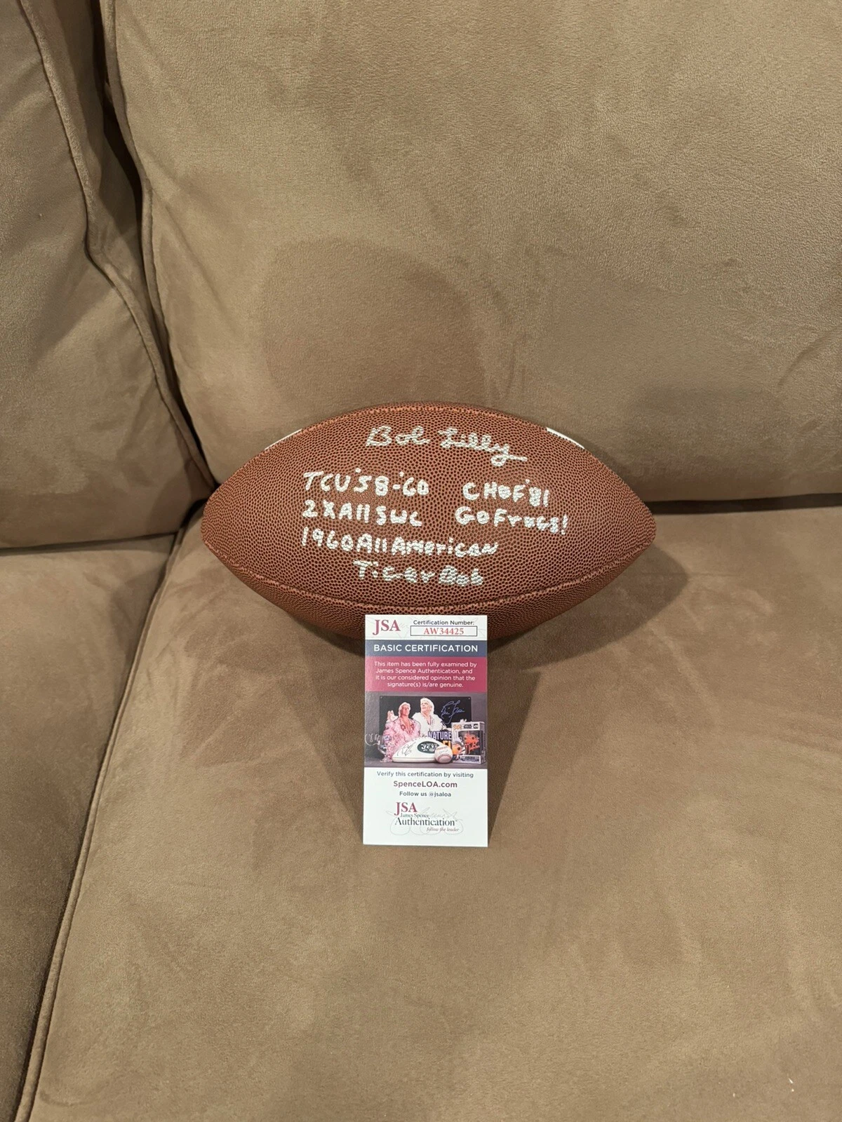 Bob Lilly Signed College Stat Football, JSA, 6 Inscriptions TCU Cowboys