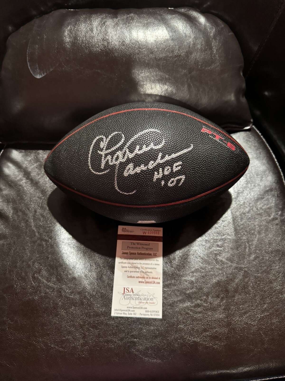 Charlie Sanders Signed Full Size Football, JSA, HOF Inscription Detroit Lions