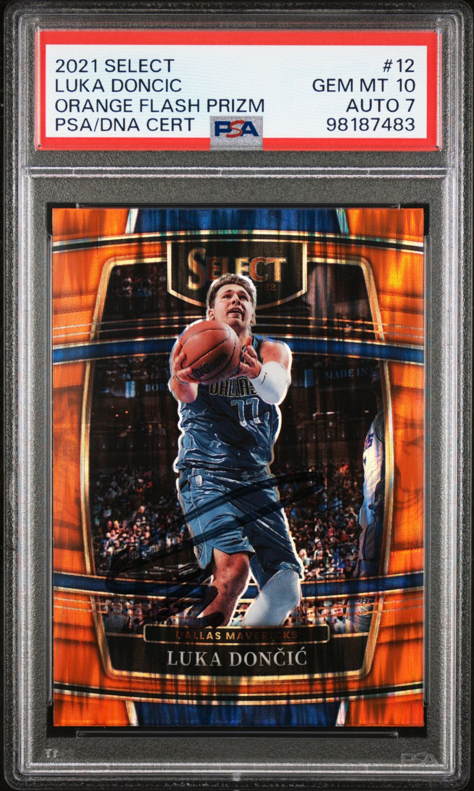Luka Doncic Signed Auto 2021 Select Orange Flash Prizms #12 Concourse PSA 10