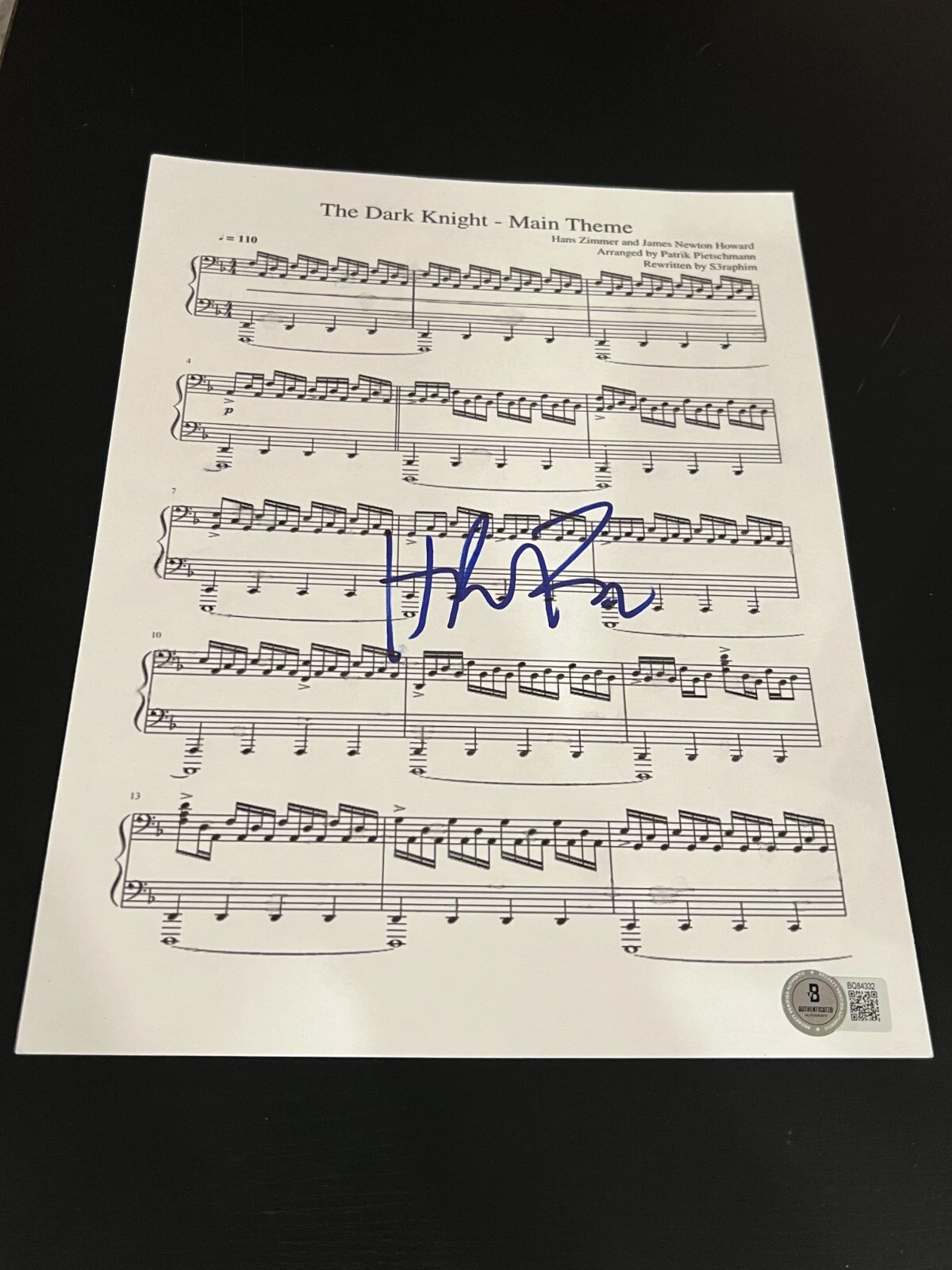 HANS ZIMMER SIGNED AUTOGRAPH SHEET MUSIC DARK KNIGHT MAIN THEME BECKETT BAS X2