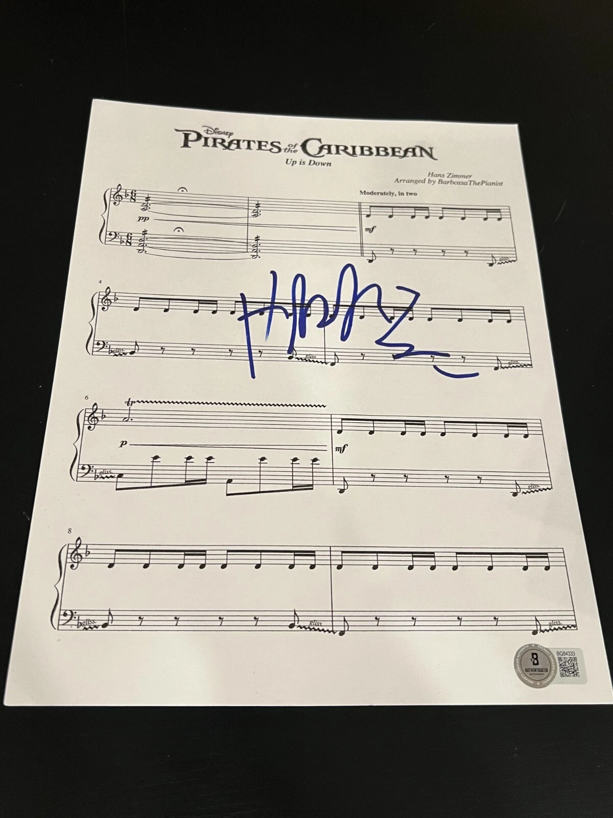 HANS ZIMMER SIGNED AUTOGRAPH SHEET MUSIC PIRATES OF THE CARIBBEAN BECKETT BAS D