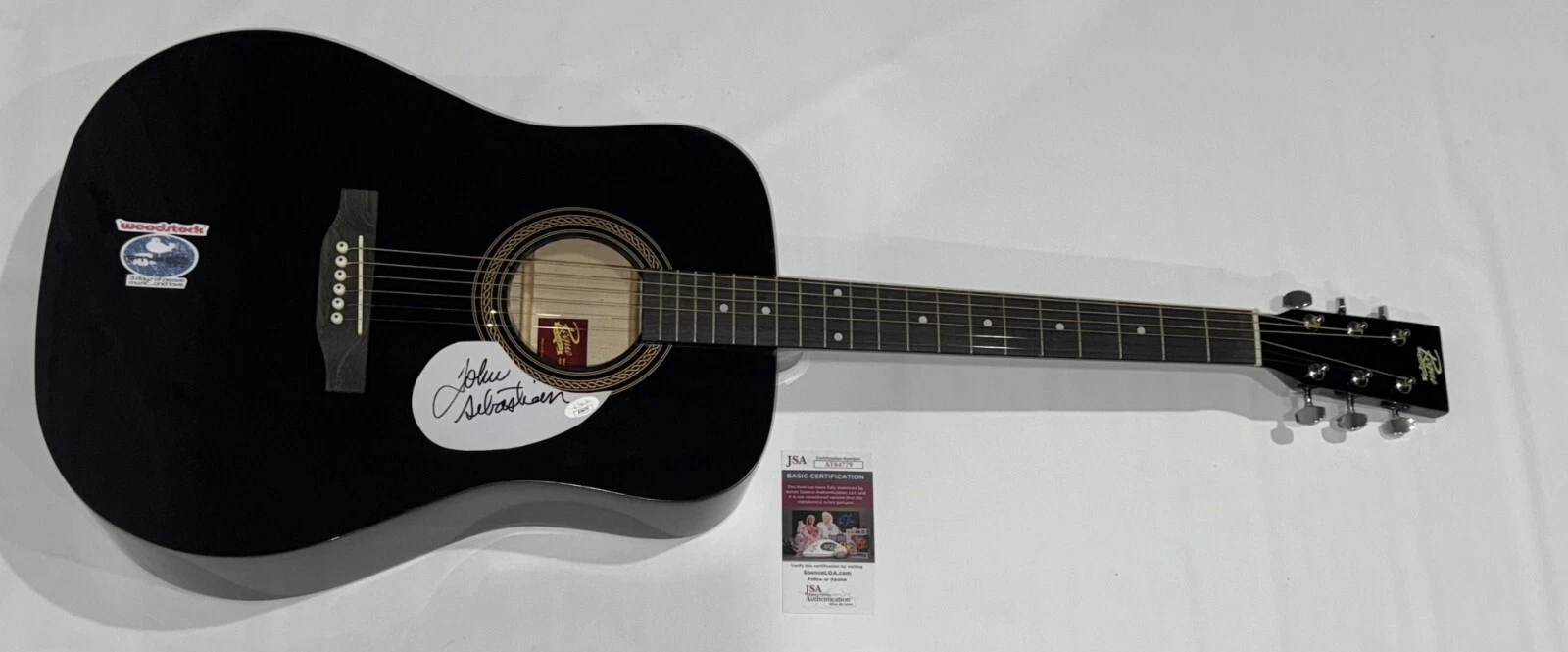 JOHN SEBASTIAN SIGNED FULL SIZE BLACK ACOUSTIC GUITAR WOODSTOCK JSA COA