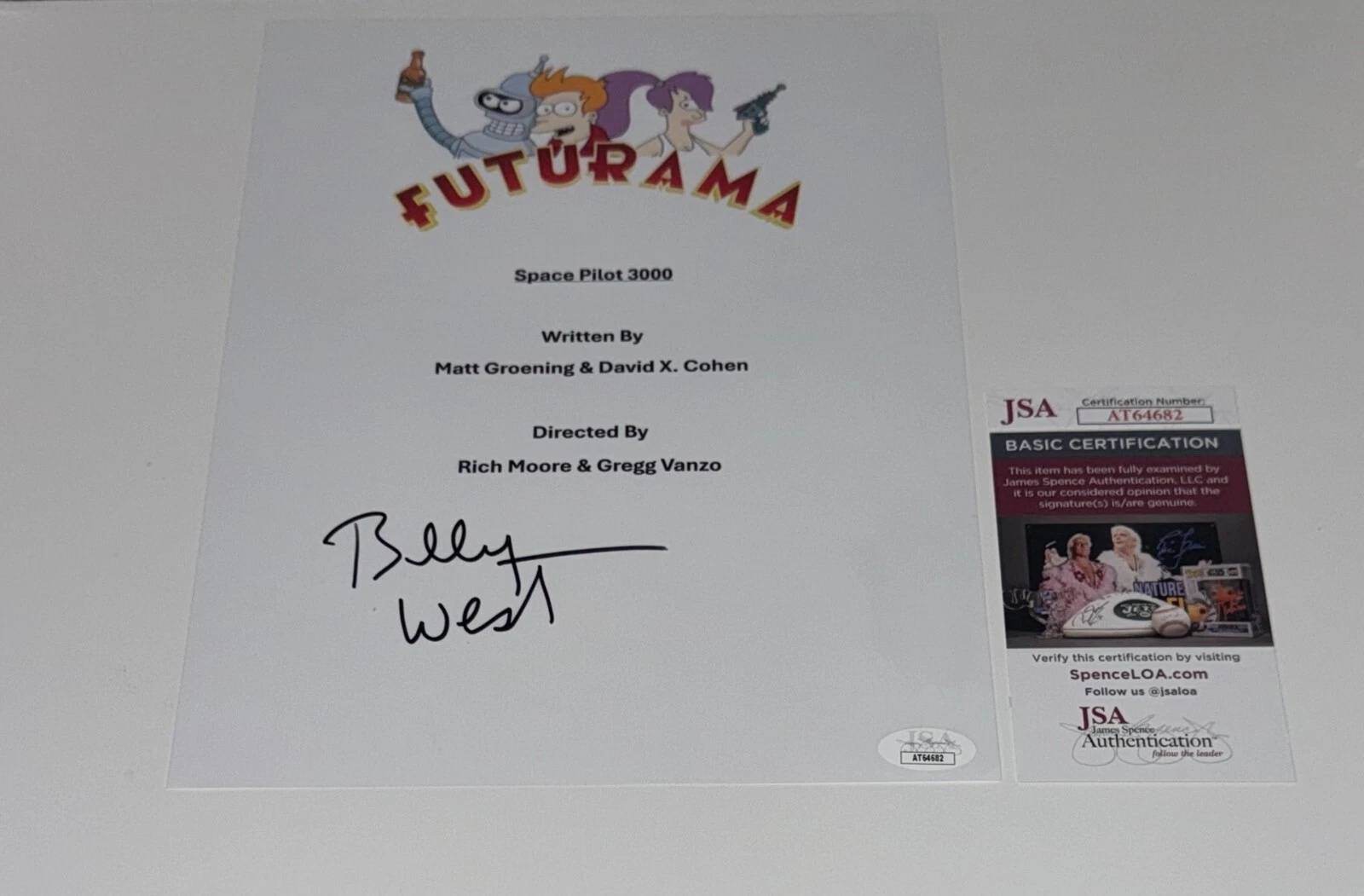 BILLY WEST SIGNED FUTURAMA SPACE PILOT 3000 EPISODE SCRIPT JSA COA