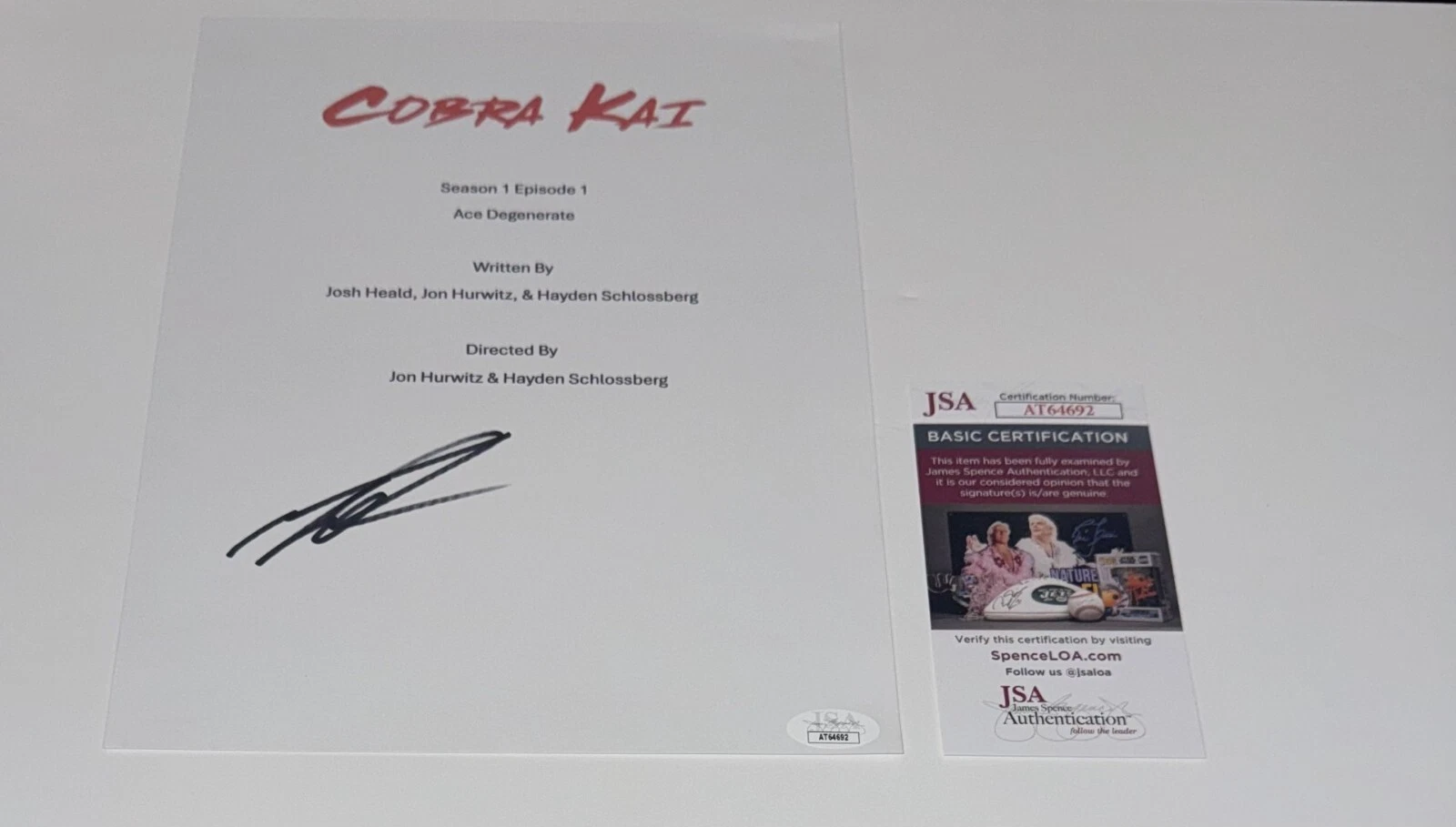 TANNER BUCHANAN SIGNED COBRA KAI PILOT ACE DEGENERATE TRANSCRIPT JSA COA