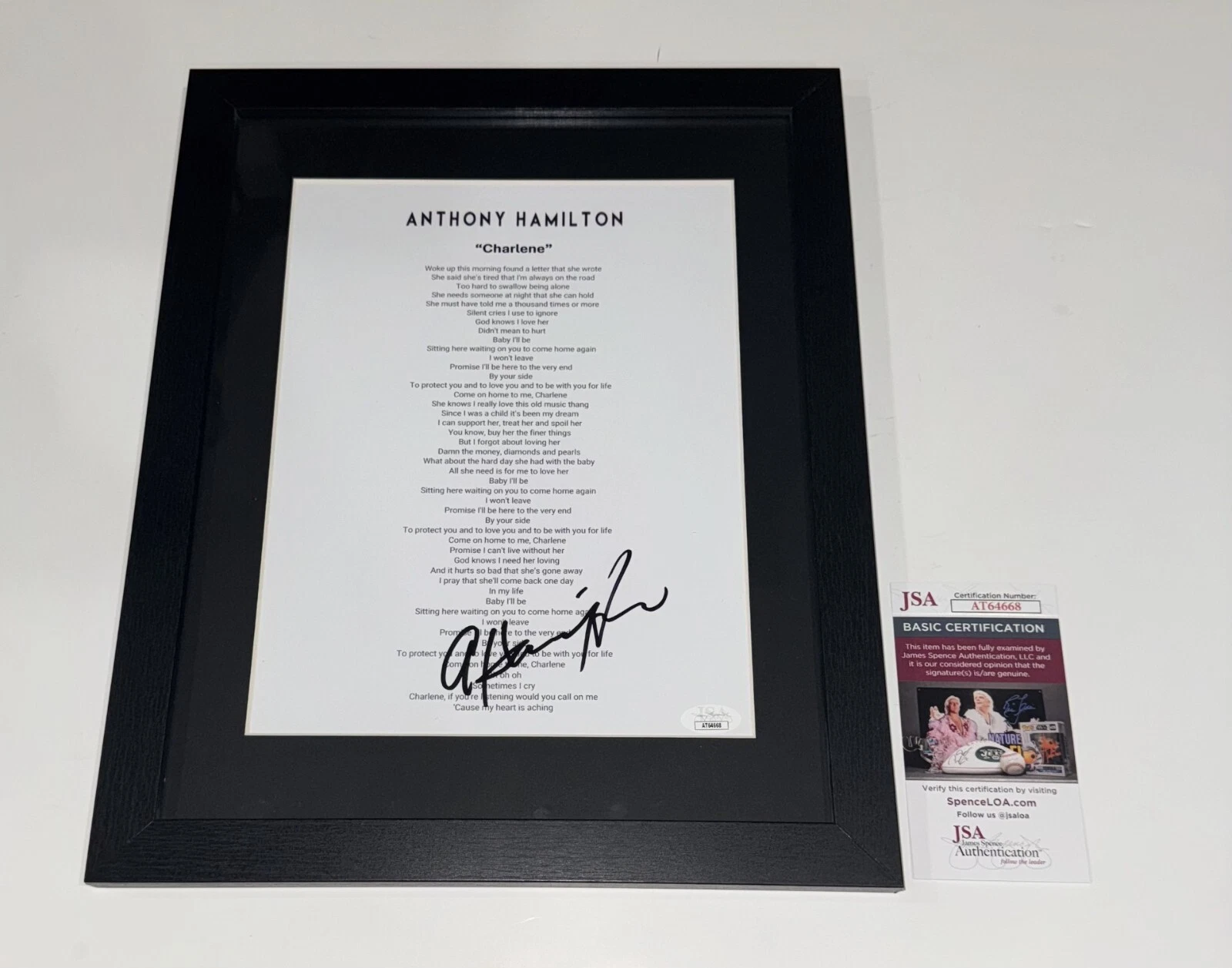 ANTHONY HAMILTON SIGNED FRAMED CHARLENE LYRIC SHEET AUTOGRAPHED JSA COA COLLECTIBLE MEMORABILIA