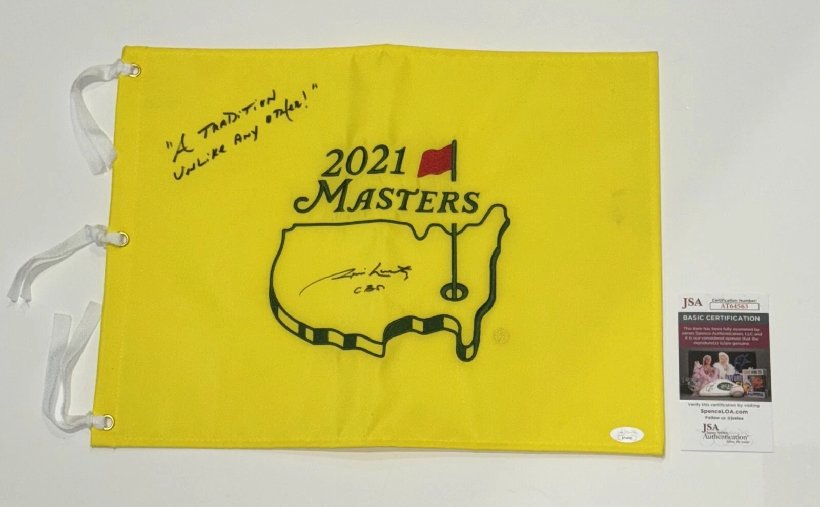 JIM NANTZ SIGNED 2021 MASTERS FLAG A TRADITION UNLIKE ANY OTHER INSCRIPT JSA COA