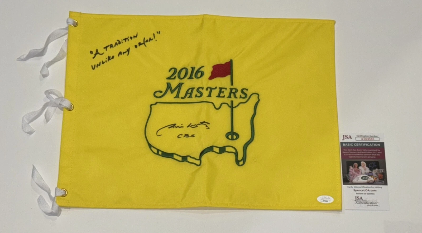JIM NANTZ SIGNED 2016 MASTERS FLAG A TRADITION UNLIKE ANY OTHER INSCRIPT JSA COA