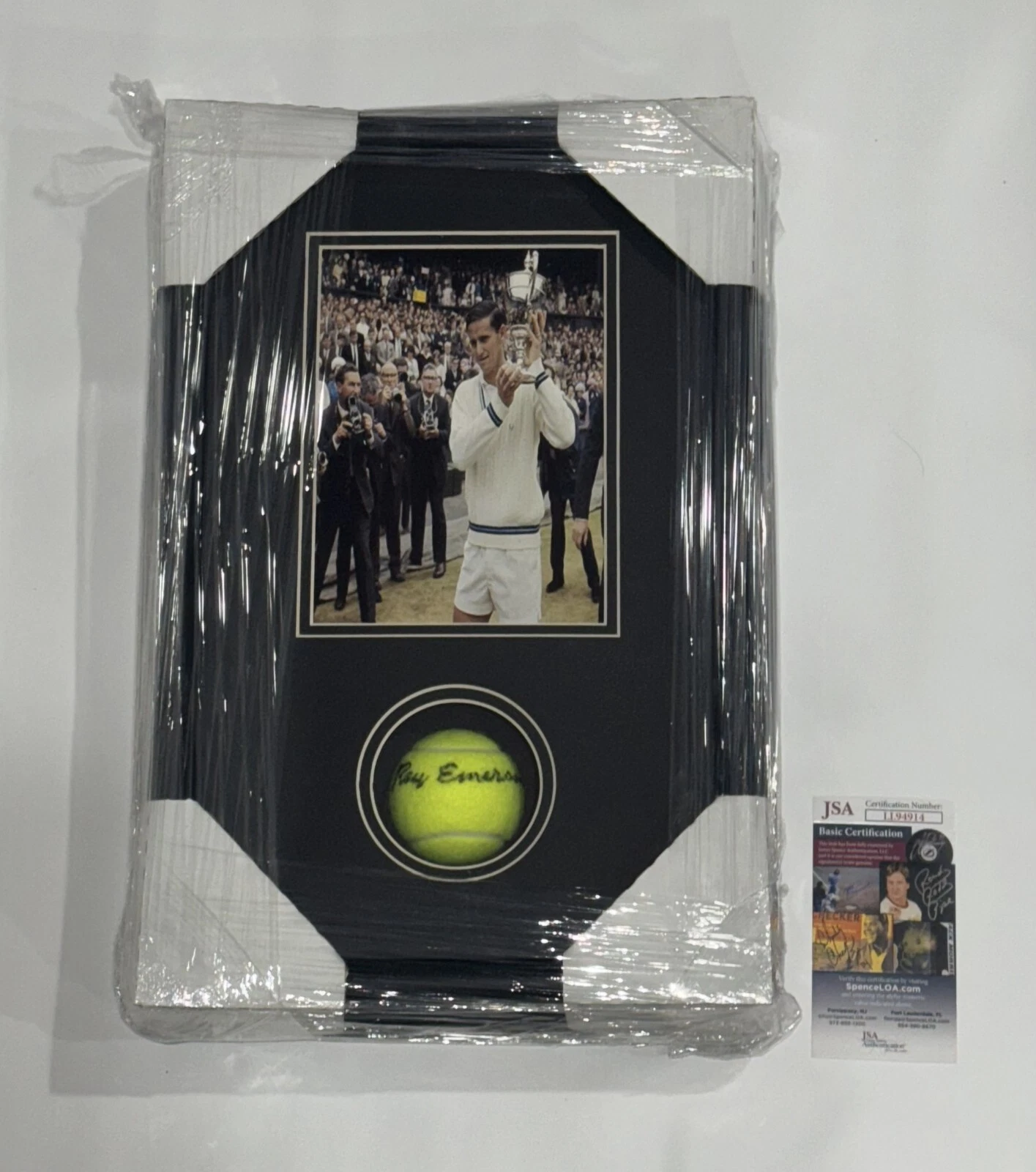 ROY EMERSON SIGNED FRAMED TENNIS BALL DISPLAY WIMBLEDON JSA COA