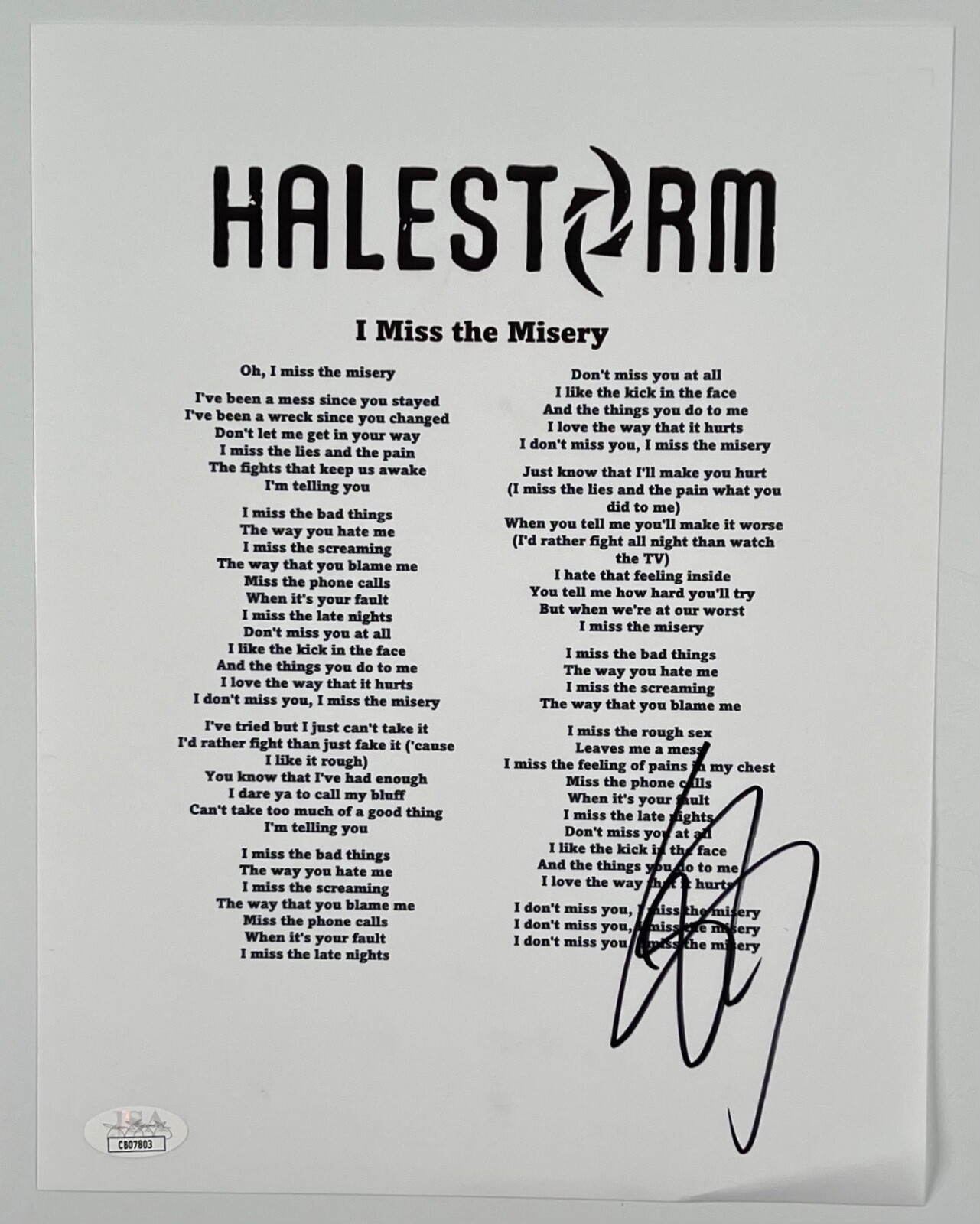 Hailstorm Lzzy Hale JSA Autograph Signed Music Lyric Sheet I Miss The Misery
