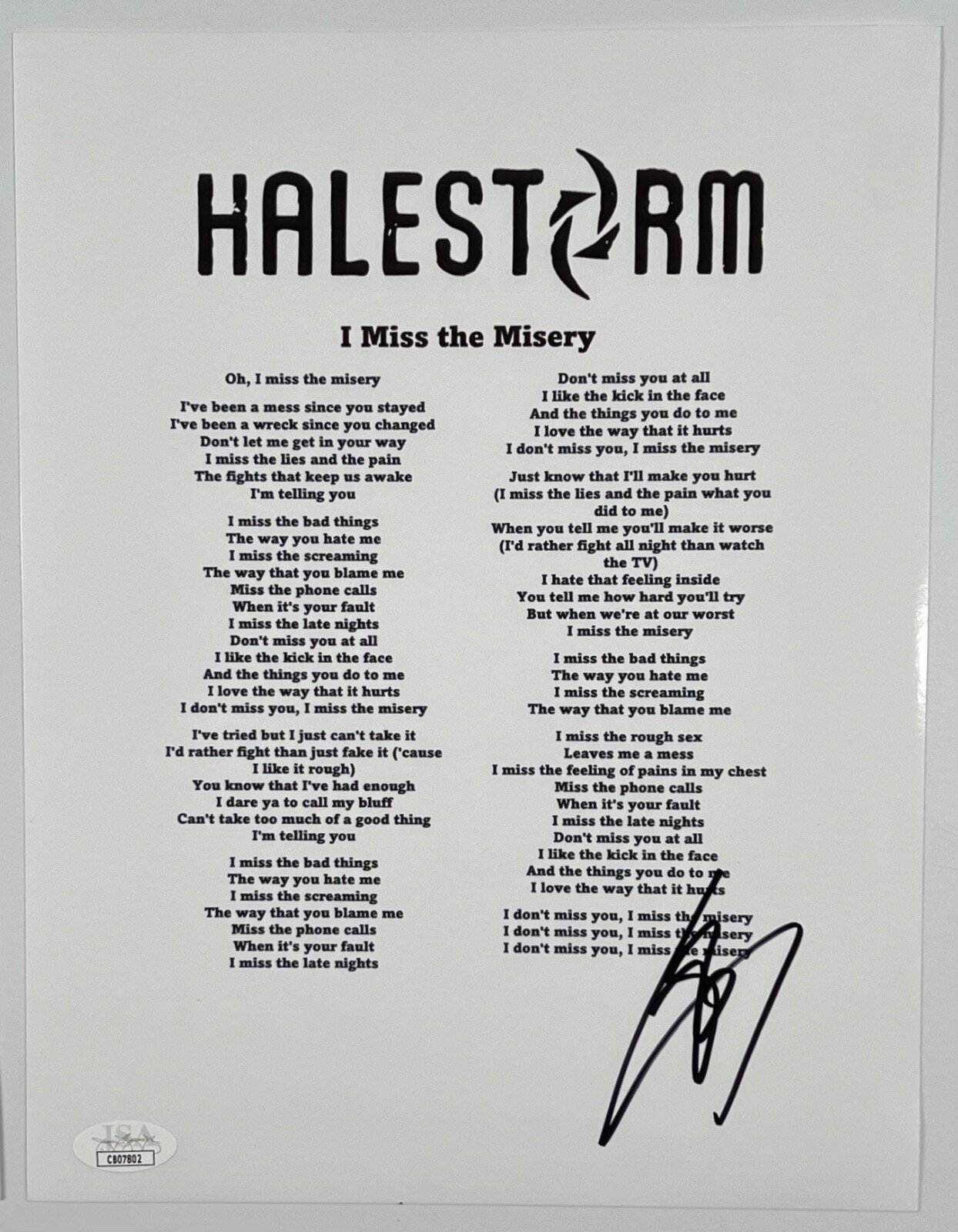 Hailstorm Lzzy Hale JSA Autograph Signed Music Lyric Sheet