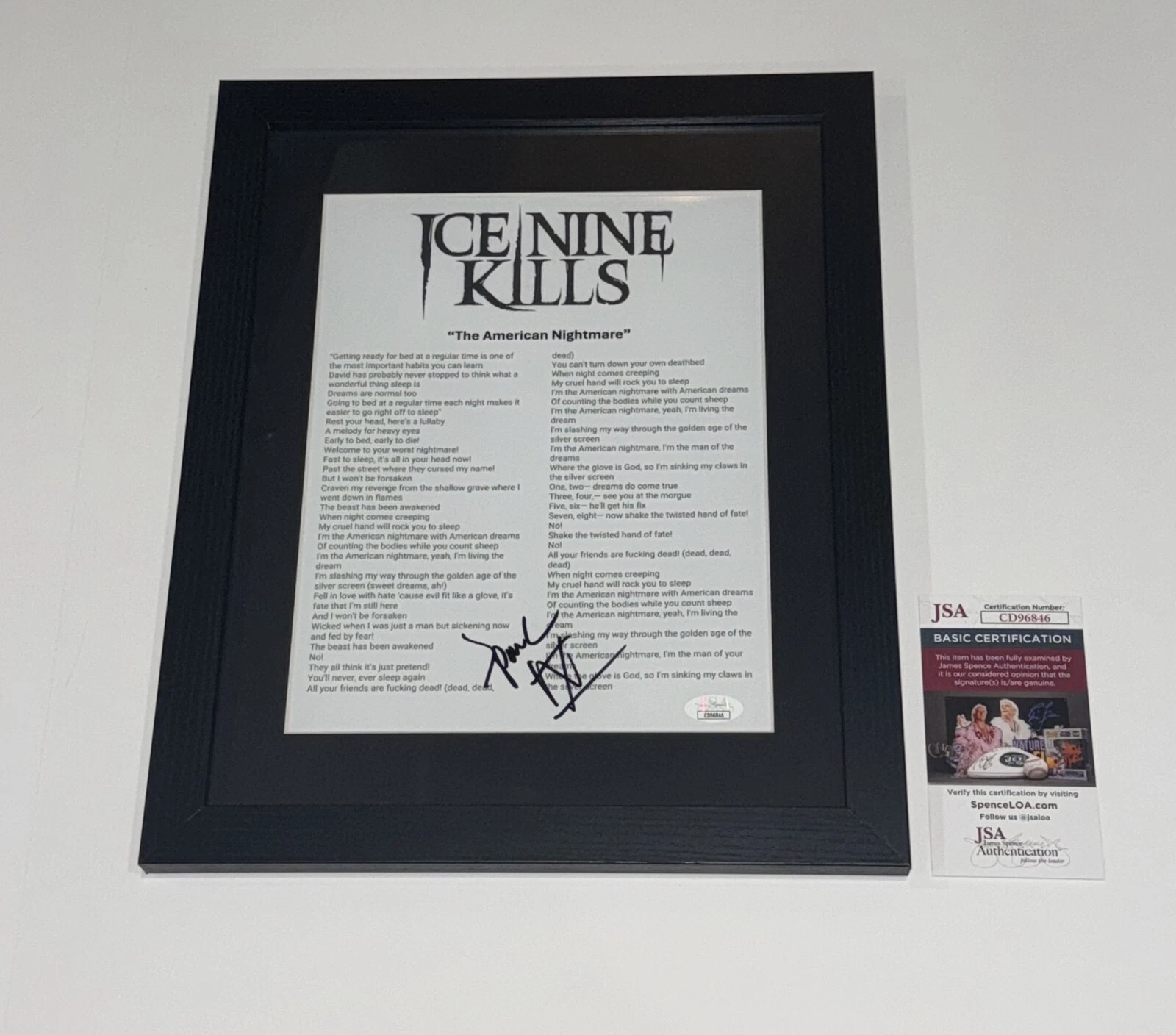 SPENCER CHARNAS SIGNED FRAMED THE AMERICAN NIGHTMARE LYRIC SHEET JSA COA