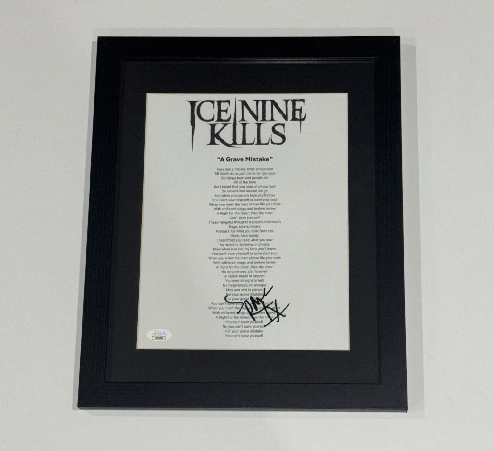 SPENCER CHARNAS SIGNED FRAMED A GRAVE MISTAKE LYRIC SHEET ICE NINE KILLS JSA COA