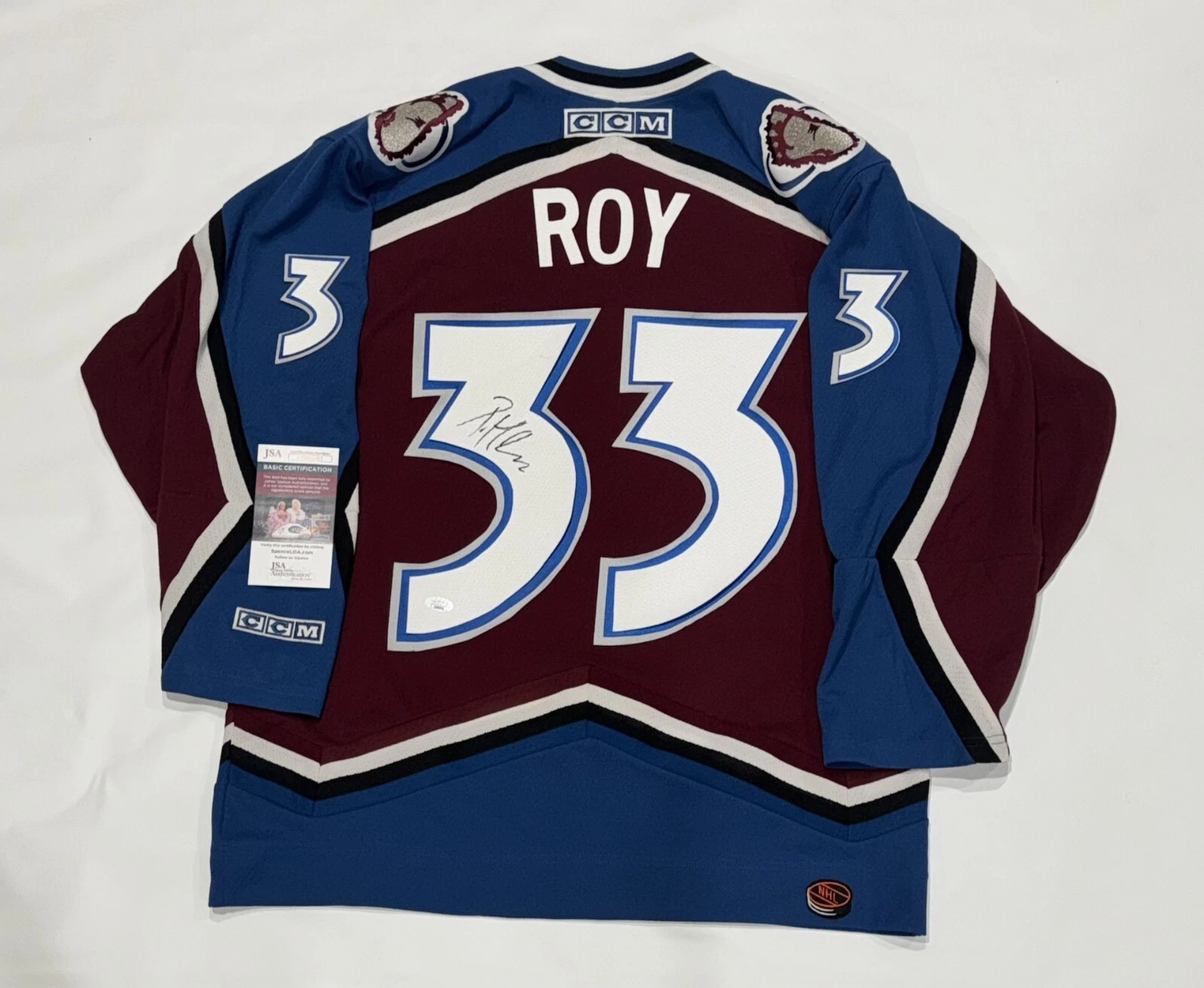 PATRICK ROY SIGNED CCM #33 COLORADO AVALANCHE 1996 STANLEY CUP JERSEY JSA COA