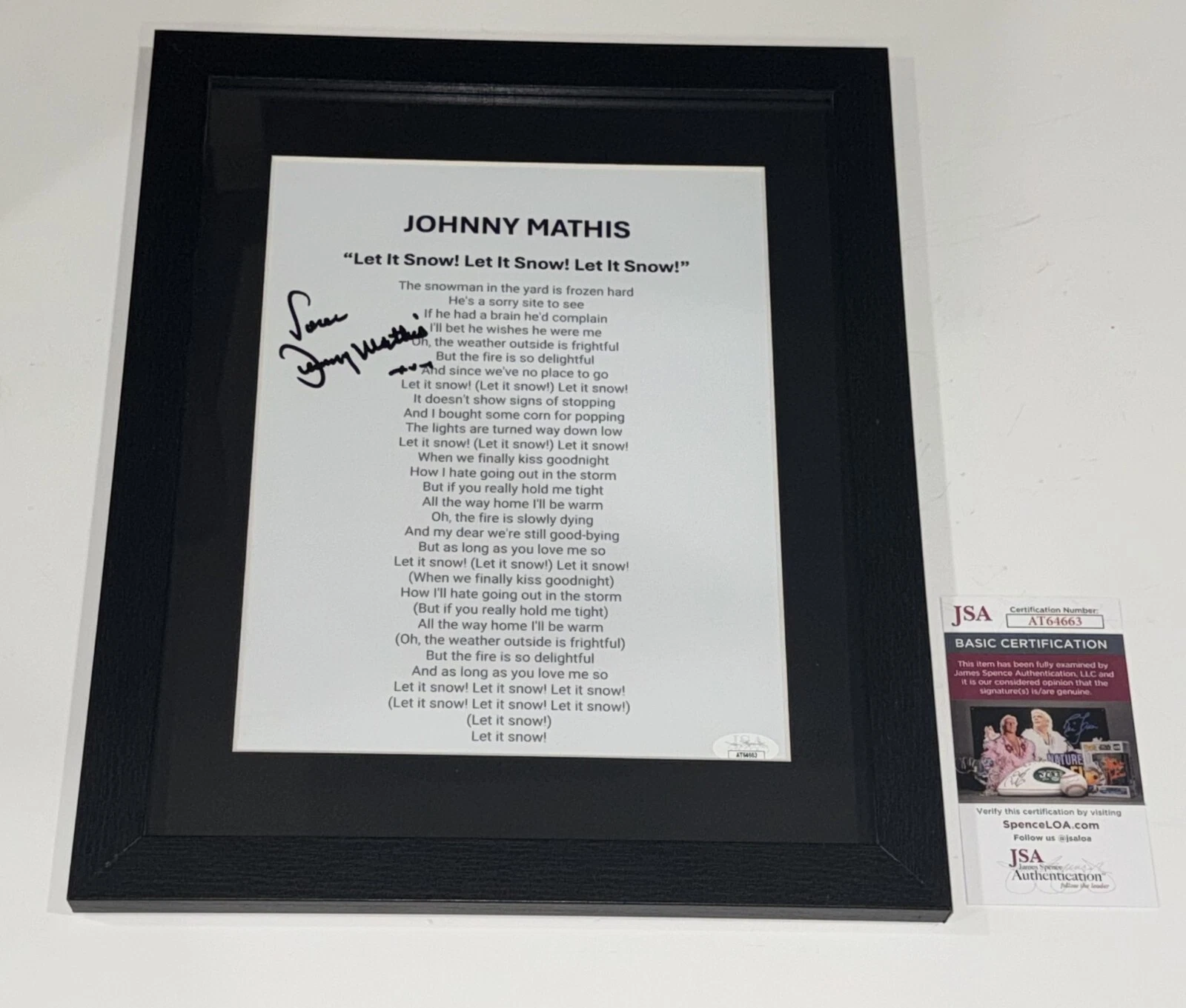 JOHNNY MATHIS SIGNED LET IT SNOW! LET IT SNOW! LET IT SNOW! LYRIC SHEET JSA COA