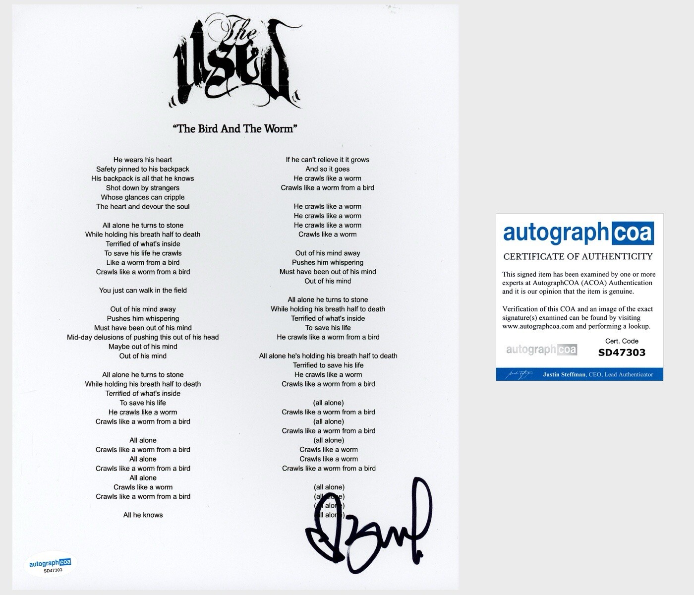 Bert McCracken ‘The Used’ Band Signed ‘The Bird And The Worm’ Lyric Sheet ACOA