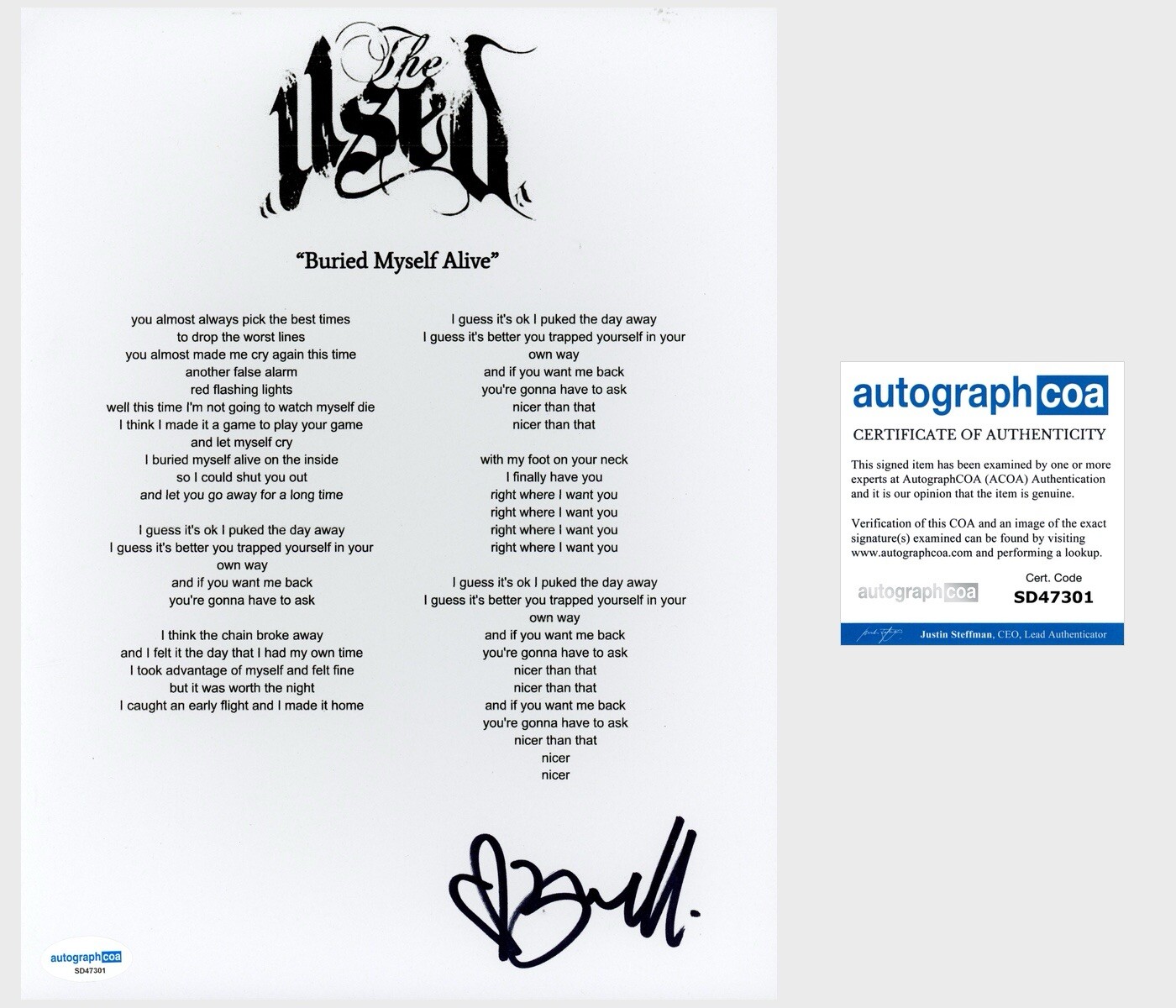 Bert McCracken ‘The Used’ Band Signed ‘Buried Myself Alive’ Lyric Sheet ACOA