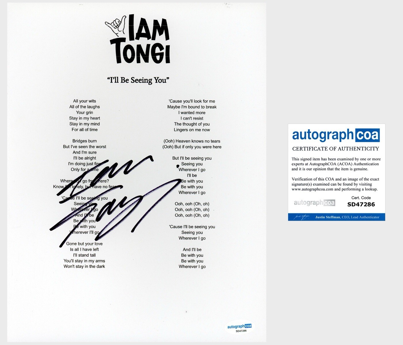 ‘IAM TONGI’ SIGNED ‘I’LL BE SEEING YOU’ LYRIC SHEET ‘AMERICAN IDOL WINNER’ ACOA COLLECTIBLE MEMORABILIA
