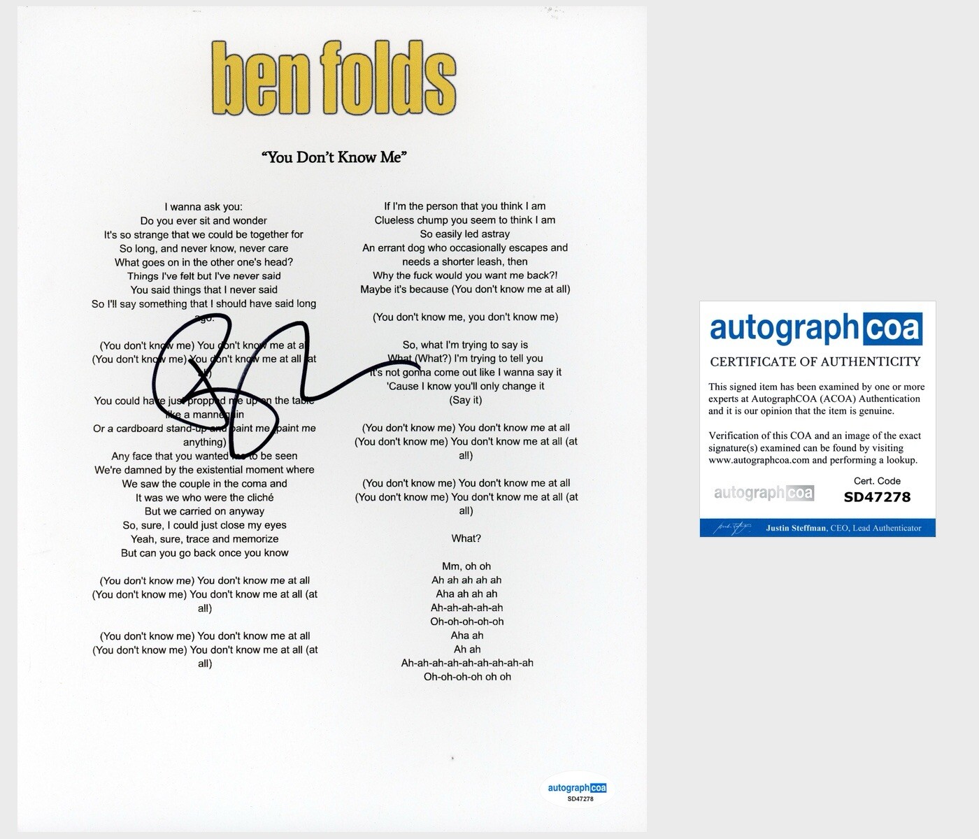 BEN FOLDS SIGNED LYRIC SHEET ‘YOU DON’T KNOW ME’ ACOA ‘BEN FOLD FIVE’ COLLECTIBLE MEMORABILIA