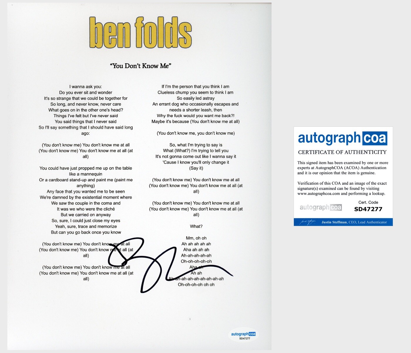 Ben Folds Signed Lyric Sheet ‘You Don’t Know Me’ ACOA ‘Ben Fold Five’