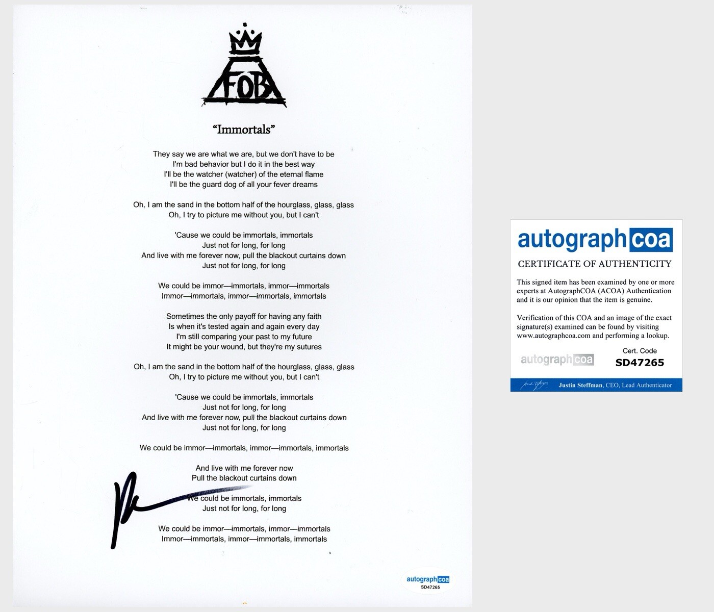 Patrick Stump ‘Fall Out Boy’ Band Signed ‘Immortals’ Lyric Sheet ACOA