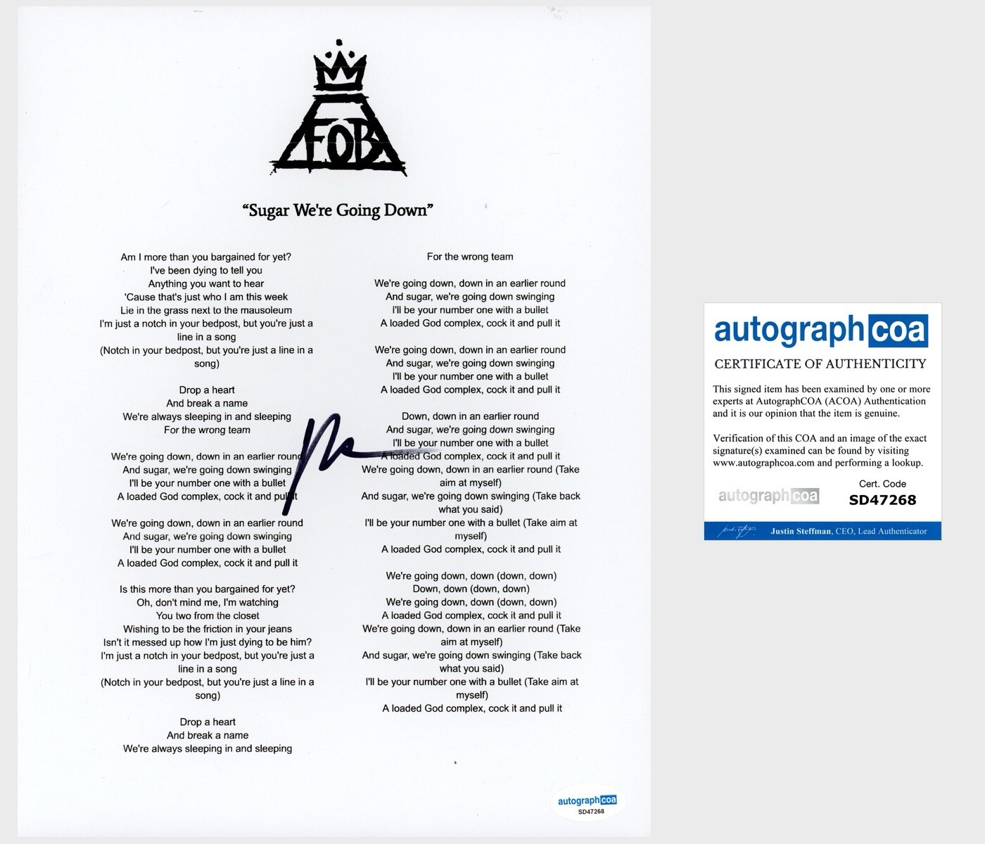 Patrick Stump ‘Fall Out Boy’ Band Signed Sugar We’re Going Down Lyric Sheet ACOA