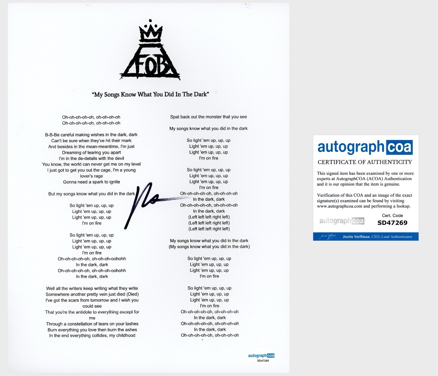 Patrick Stump ‘Fall Out Boy’ Band Signed My Songs Know What You Lyric Sheet ACOA