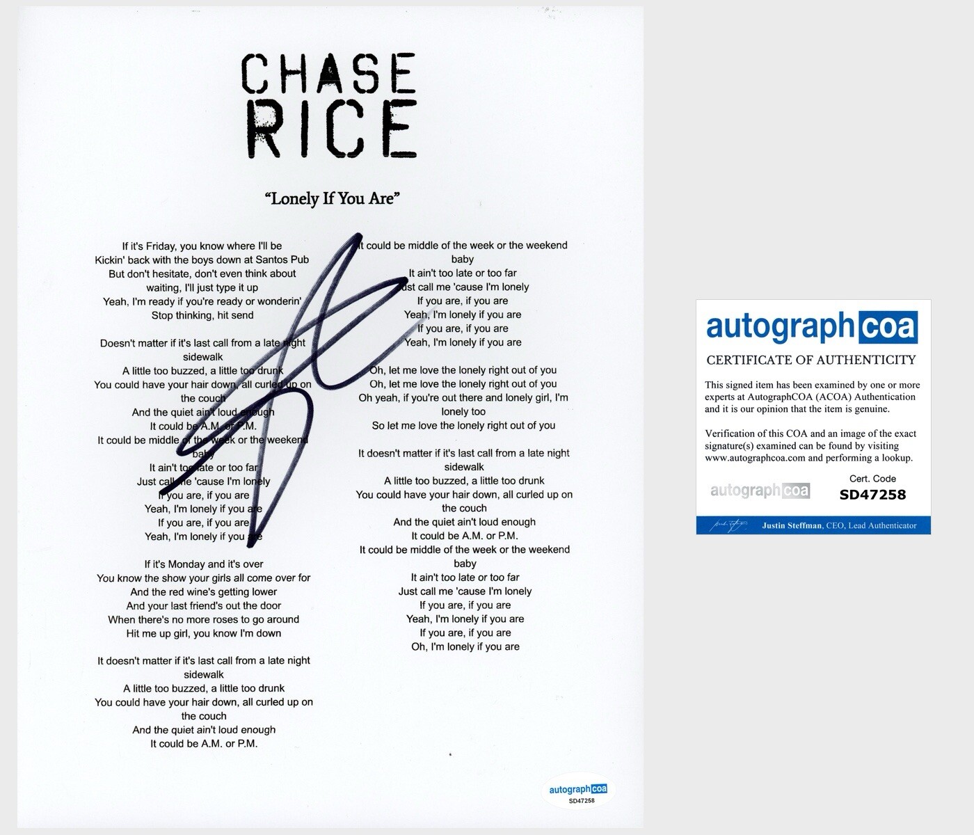 Chase Rice ‘Lonely If You Are’ Country Singer Signed Lyric Sheet ACOA