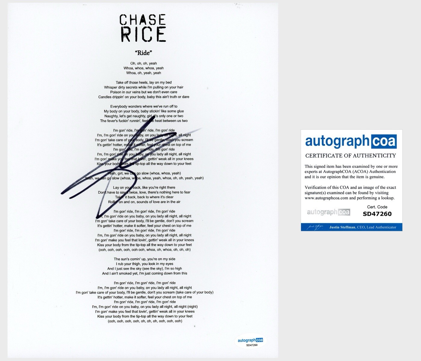 Chase Rice ‘Ride’ Country Singer Signed Lyric Sheet ACOA
