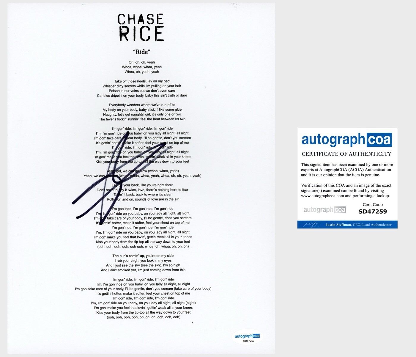 CHASE RICE ‘RIDE’ COUNTRY SINGER SIGNED LYRIC SHEET ACOA COLLECTIBLE MEMORABILIA