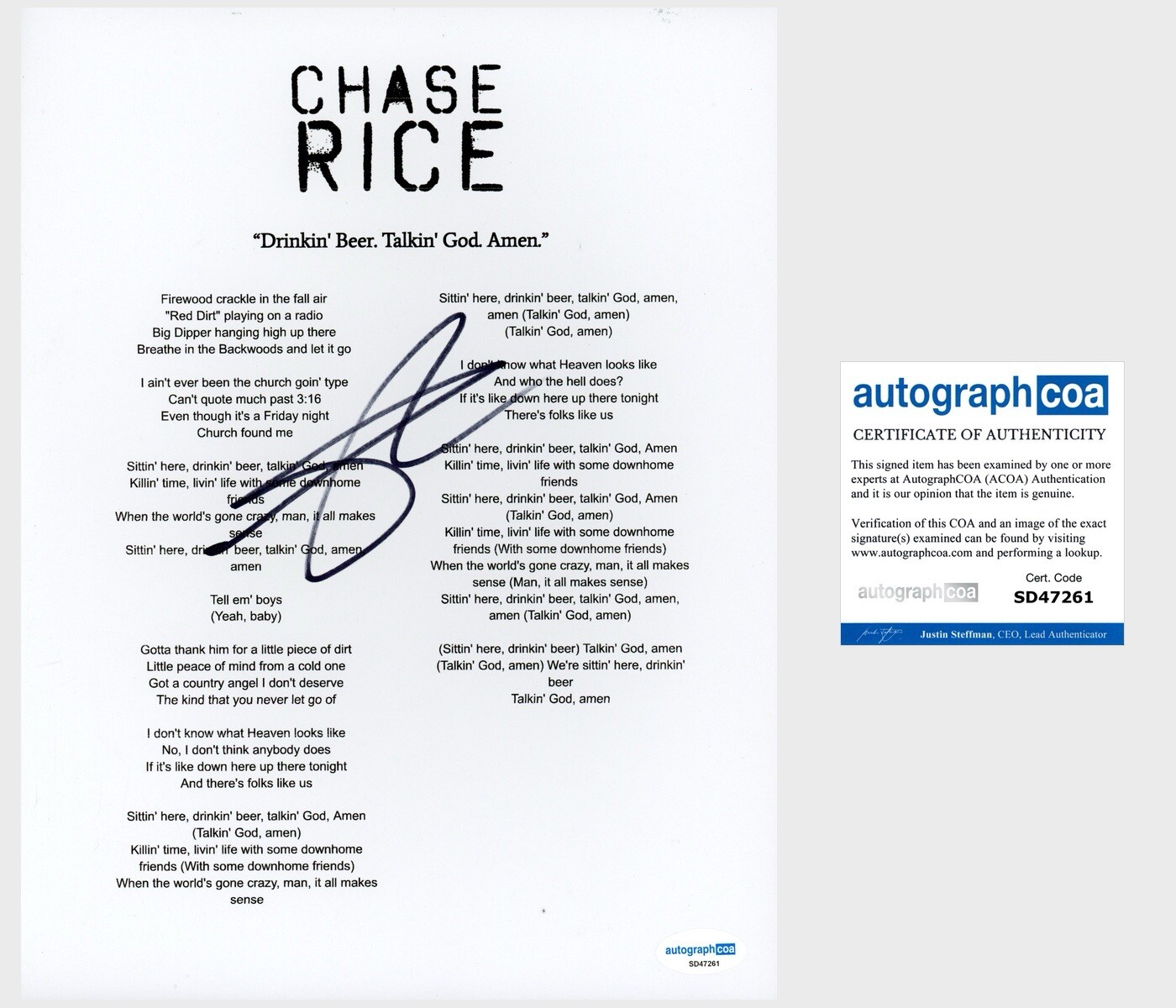 Chase Rice ‘Drinkin’ Beer. Talkin’ God. Amen.’ Country Signed Lyric Sheet ACOA