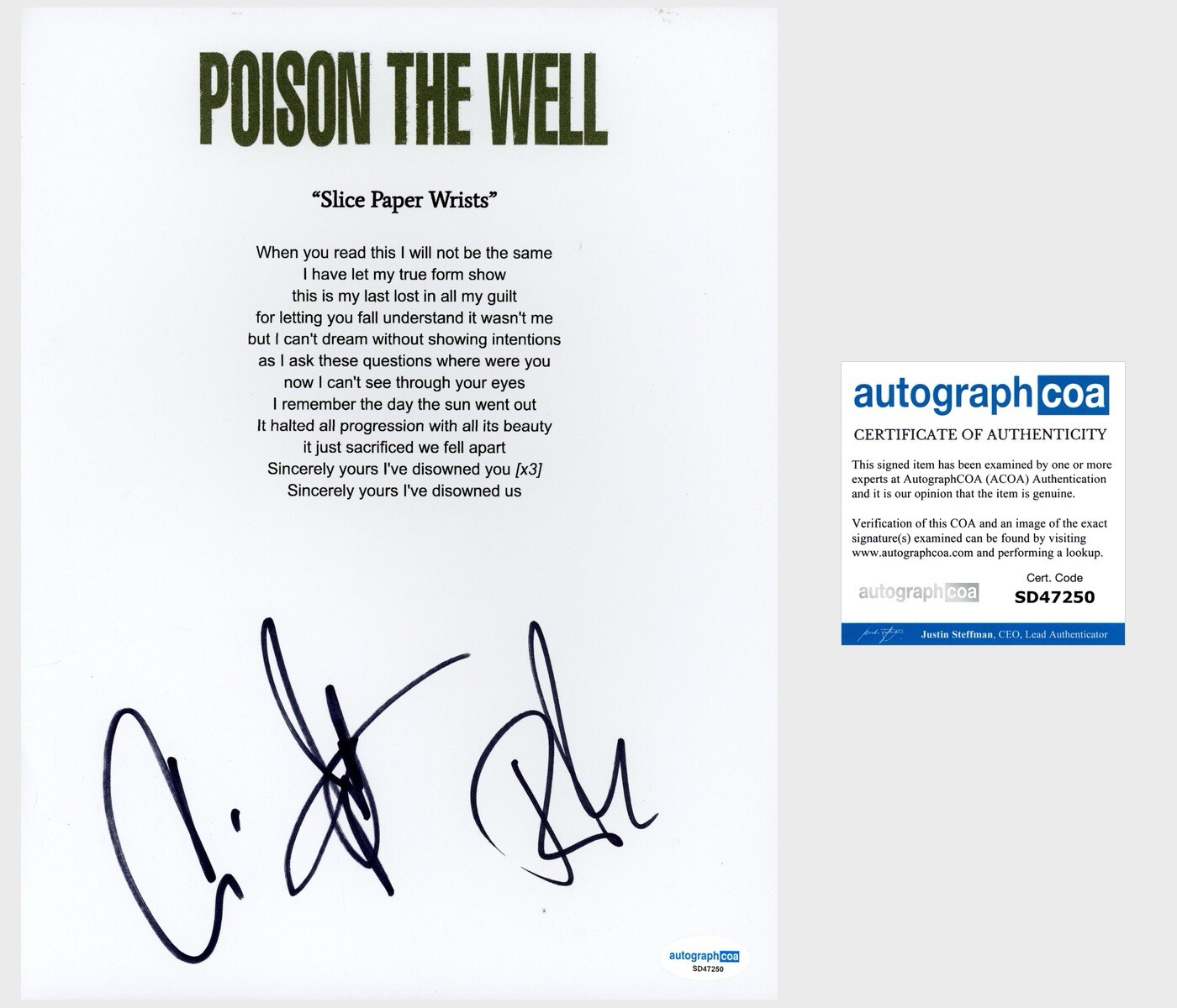 ‘POISON THE WELL’ BAND SIGNED LYRIC SHEET ‘JEFFREY MOREIRA’ RYAN & CHRIS ACOA COLLECTIBLE MEMORABILIA