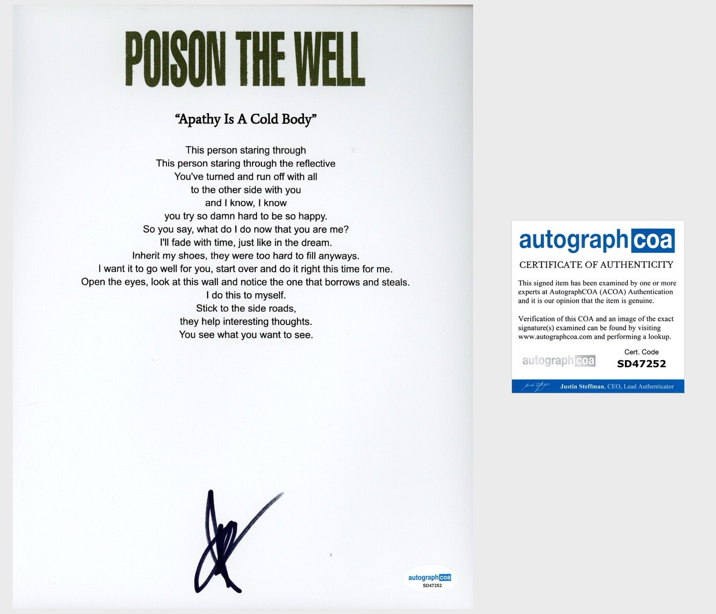 Jeffrey Moreira ‘Poison The Well’ Band Lead Singer Signed Lyric Sheet ACOA