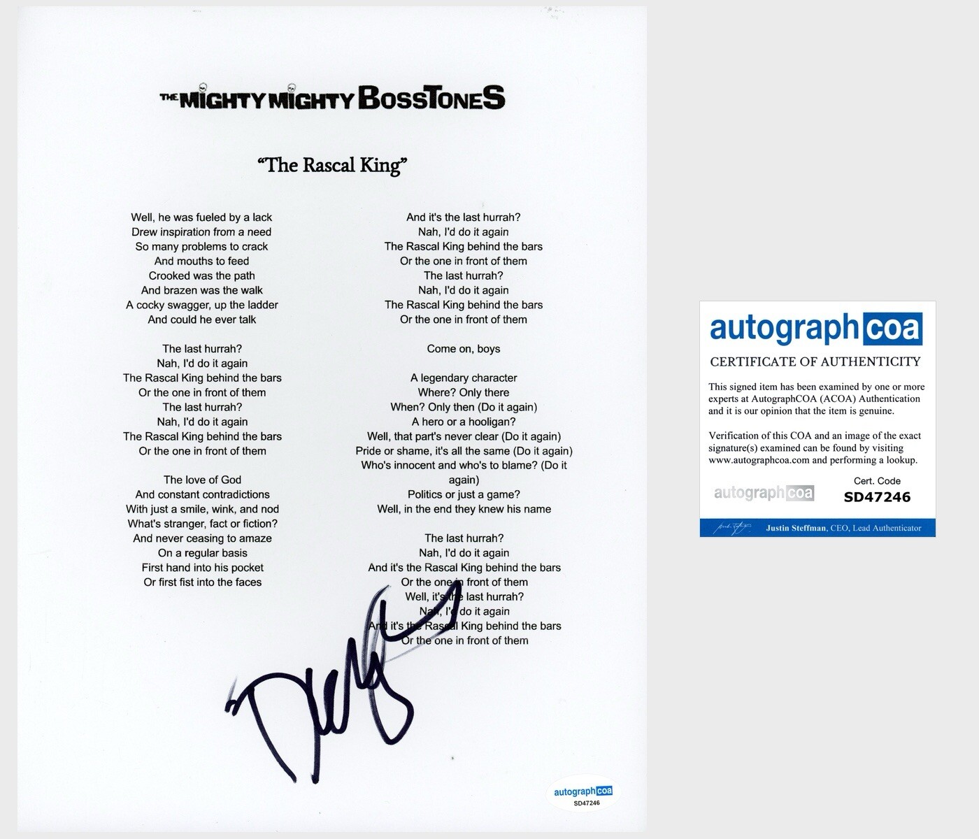 Dicky Barrett ‘Mighty Mighty Bosstones’ Signed Lyric Sheet The Rascal King ACOA