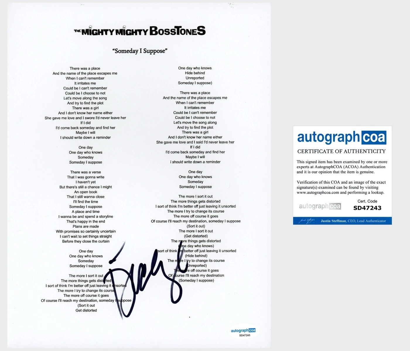 Dicky Barrett Mighty Mighty Bosstones Signed Lyric Sheet Someday I Suppose ACOA