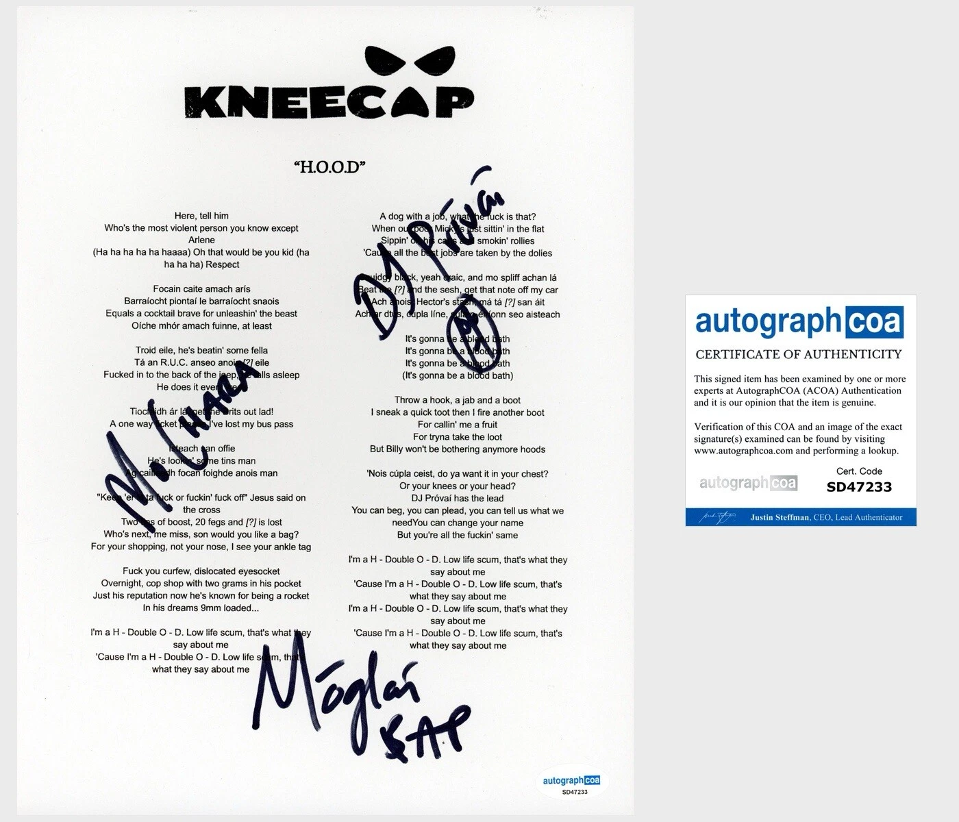 ‘KNEECAP’ IRISH HIP HOP TRIO SIGNED LYRIC SHEET MO CHARA, MOGLAI, DJ PROVAI ACOA COLLECTIBLE MEMORABILIA