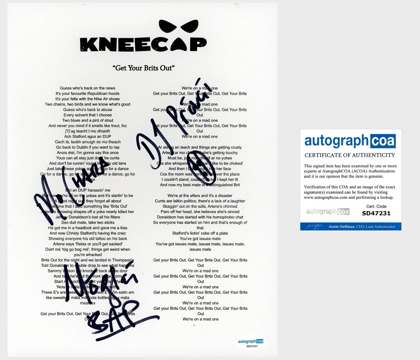 ‘KNEECAP’ IRISH HIP HOP TRIO SIGNED LYRIC SHEET MO CHARA, MOGLAI, DJ PROVAI ACOA COLLECTIBLE MEMORABILIA