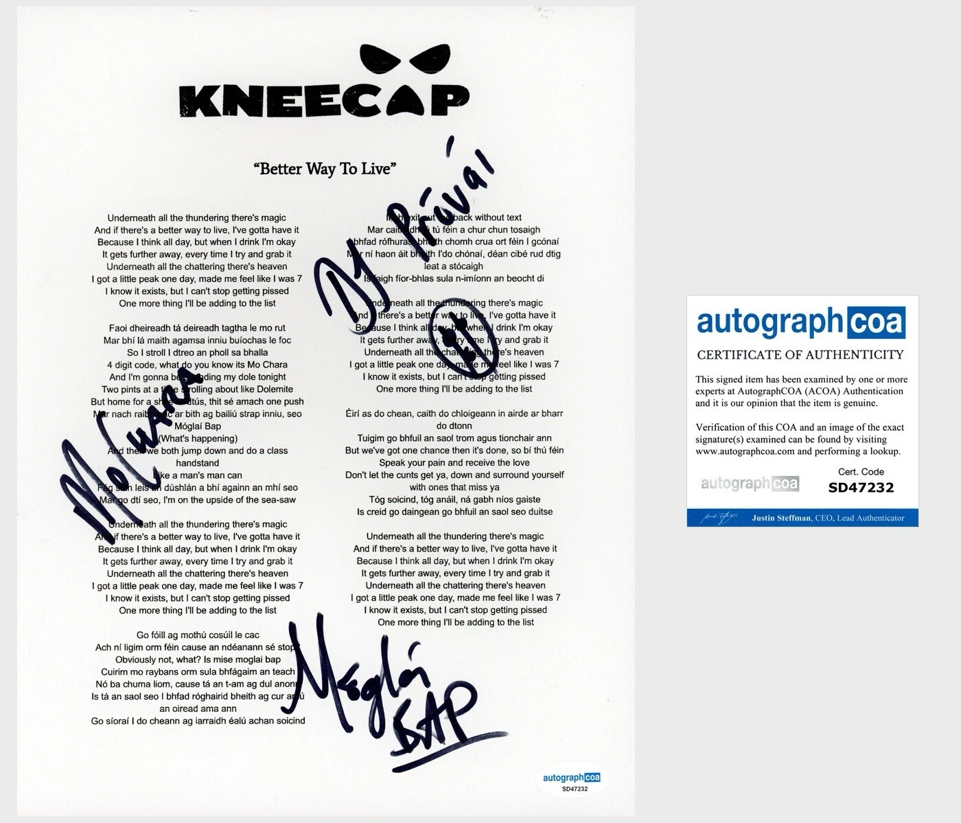 ‘KNEECAP’ IRISH HIP HOP TRIO SIGNED LYRIC SHEET MO CHARA, MOGLAI, DJ PROVAI ACOA COLLECTIBLE MEMORABILIA