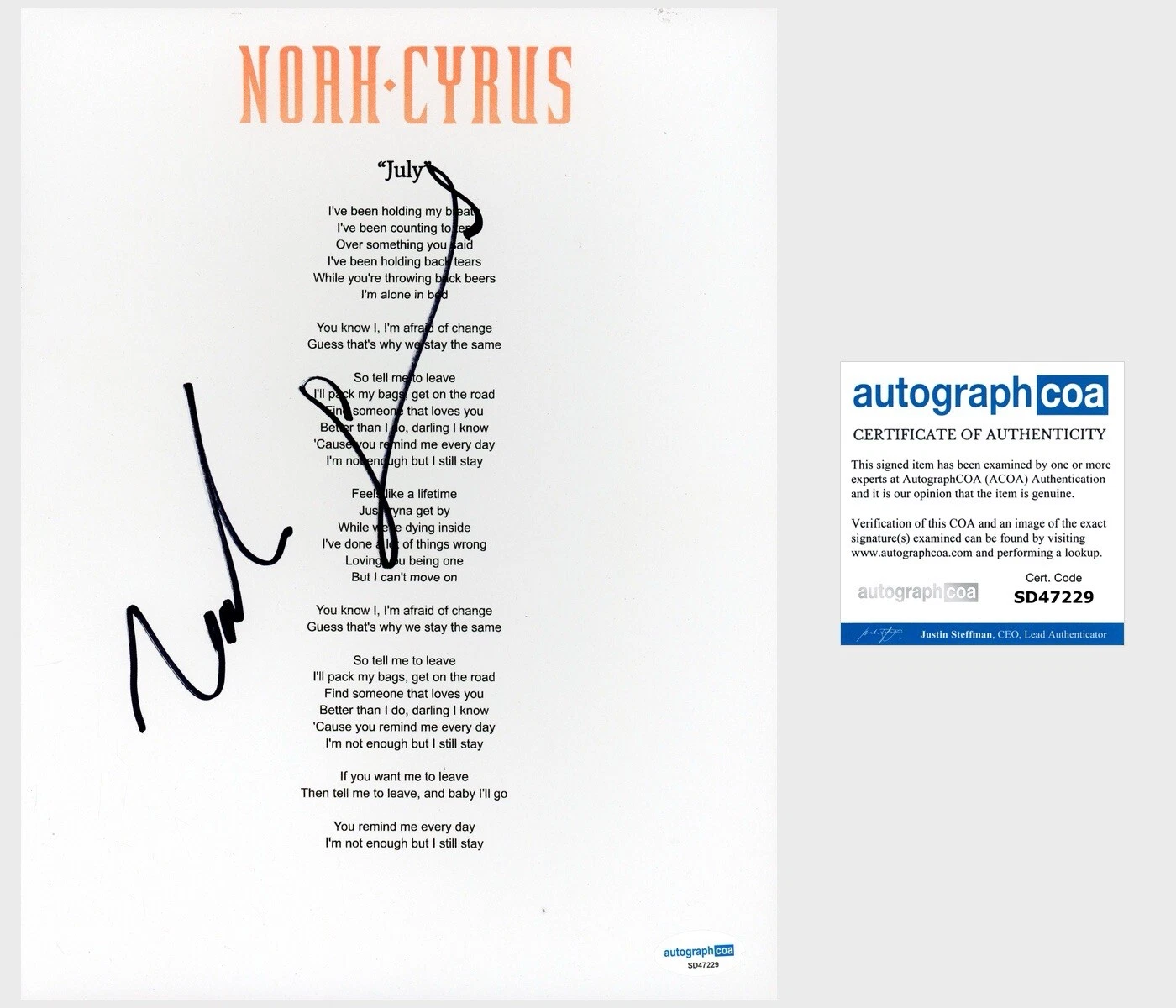 ‘NOAH CYRUS’ SIGNED LYRIC SHEET ‘JULY’ POP SINGER ACOA COLLECTIBLE MEMORABILIA
