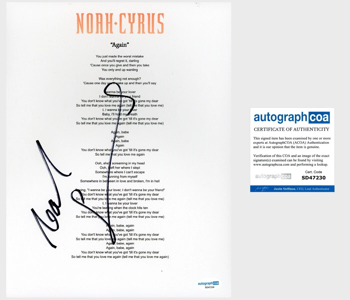 ‘NOAH CYRUS’ SIGNED LYRIC SHEET ‘AGAIN’ POP SINGER ACOA COLLECTIBLE MEMORABILIA