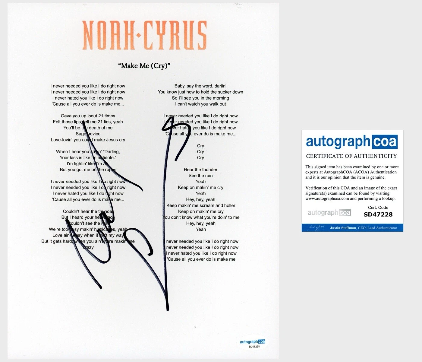 ‘Noah Cyrus’ Signed Lyric Sheet ‘Make Me (Cry)’ Pop Singer ACOA