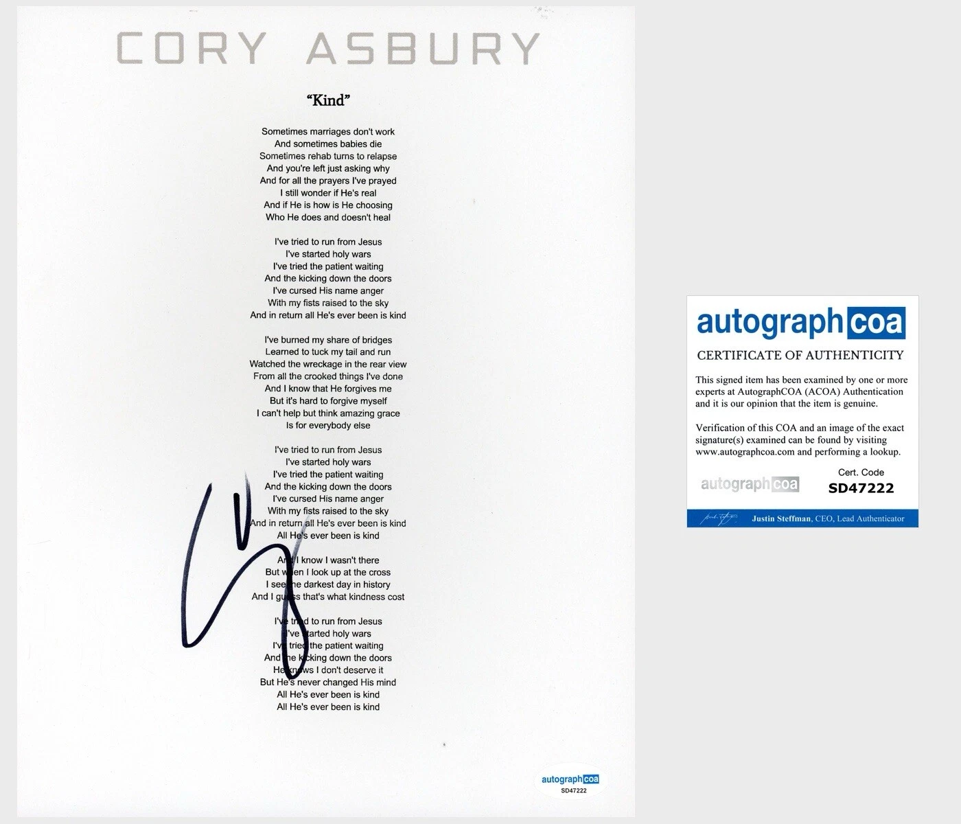 CORY ASBURY ‘KIND’ SIGNED LYRIC SHEET CHRISTIAN MUSIC ACOA PROOF￼ COLLECTIBLE MEMORABILIA