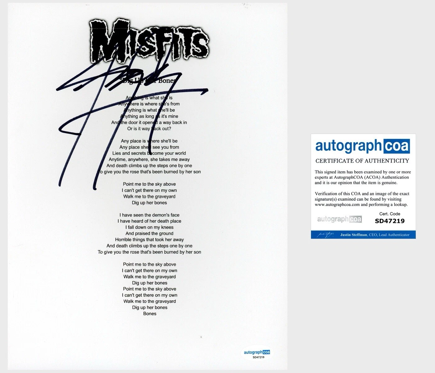 Jerry Only ‘The Misfits’ Bassist Signed ‘Dig Up Her Bones’ Lyric Sheet ACOA