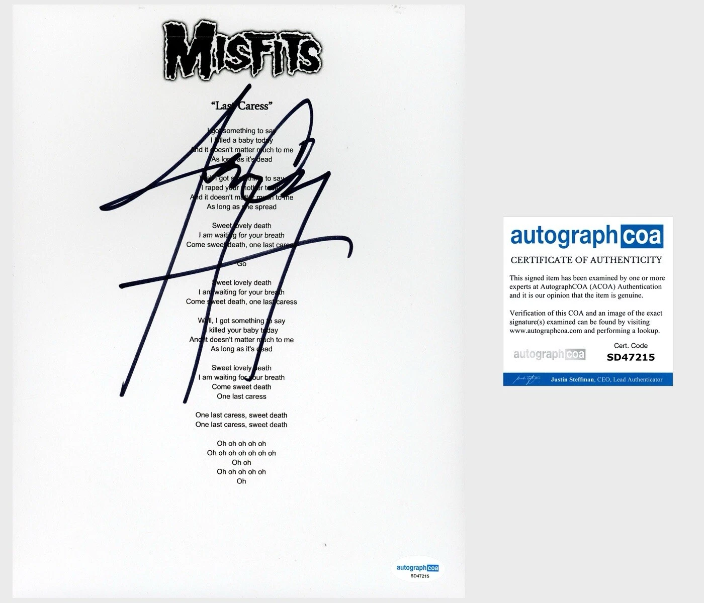 Jerry Only ‘The Misfits’ Bassist Signed ‘Last Caress’ Lyric Sheet ACOA