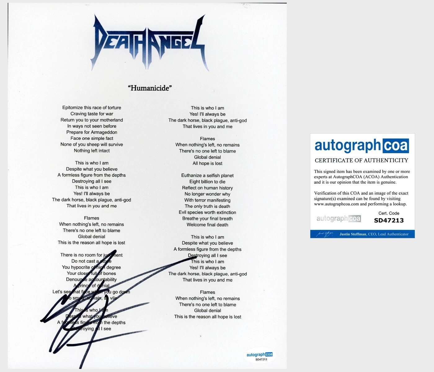 MARK OSEGUEDA ‘DEATH ANGEL’ BAND SIGNED ‘HUMANICIDE’ LYRIC SHEET ACOA COLLECTIBLE MEMORABILIA