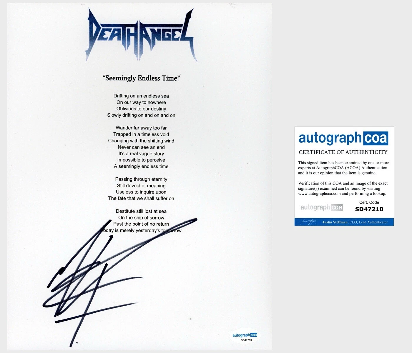 MARK OSEGUEDA ‘DEATH ANGEL’ BAND SIGNED SEEMINGLY ENDLESS TIME LYRIC SHEET ACOA COLLECTIBLE MEMORABILIA