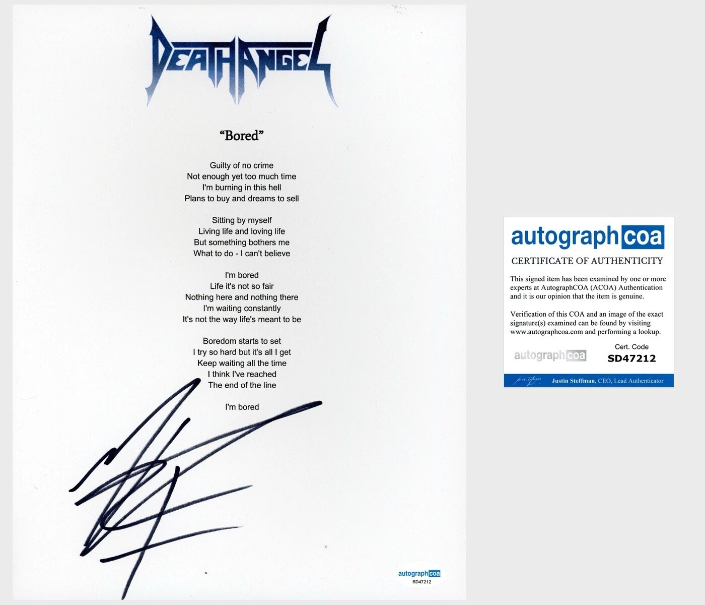 Mark Osegueda ‘Death Angel’ Band Lead Singer Signed ‘Bored’ Lyric Sheet ACOA